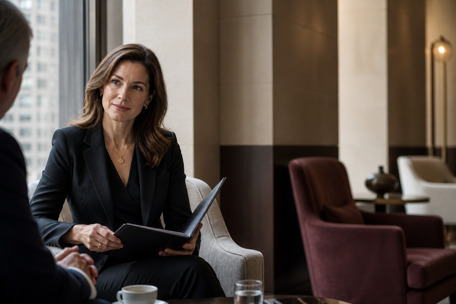 Private advisory conversation in a Manhattan lounge